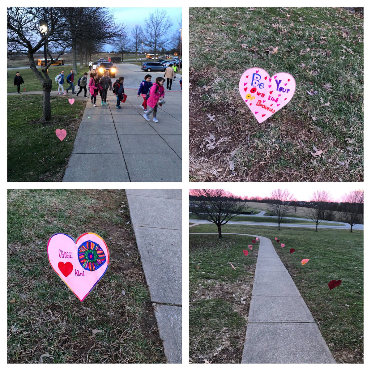SSEStallions's tweet photo. K-Kids created hearts with inspirational messages to greet  kiddos as they arrived this Valentine’s Day morning! 💕 https://t.co/7ctTnNgFrR