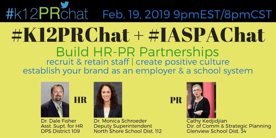 Please join @cateked @DaleFisherEdD & me on 2/19 at 8pm for a #K12PRChat #IASPAChat Chatlaboration! @ilprincipals @IllinoisASA @INSPRABoard @_IASPA_ @_AASPA_ @ILschoolboards #iledchat #suptchat #k12chat
