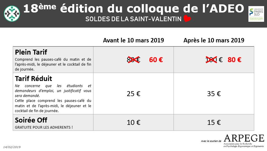 Les  soldes sont terminées? Et non pas pour nous! Profitez de nos soldes  spéciales "Saint Valentin" pour l'inscription au colloque 2019💵💰🤩

 Cliquez ici : adeo-ergonomie.org/colloque_adeo_…
