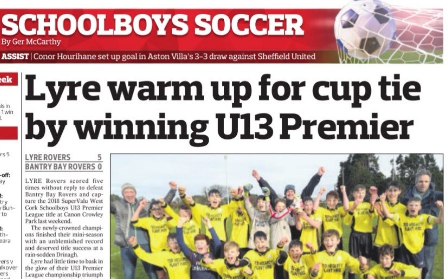 Ger McCarthy (@germccarthy74) on Twitter photo Article on <a href="/lyreroversfc/">Lyre Rovers FC</a> claiming the 2018 <a href="/SuperValuIRL/">SuperValu Ireland</a> @wcorkschoolboys U13 Premier League title ahead of this weekend's <a href="/SkechersIE/">Skechers Ireland</a> <a href="/SFAIreland/">SFAI</a> last 16 U13 Nat Cup clash. See this week's <a href="/SouthernStarIRL/">The Southern Star</a> Article on <a href="/lyreroversfc/">Lyre Rovers FC</a> claiming the 2018 <a href="/SuperValuIRL/">SuperValu Ireland</a> @wcorkschoolboys U13 Premier League title ahead of this weekend's <a href="/SkechersIE/">Skechers Ireland</a> <a href="/SFAIreland/">SFAI</a> last 16 U13 Nat Cup clash. See this week's <a href="/SouthernStarIRL/">The Southern Star</a>