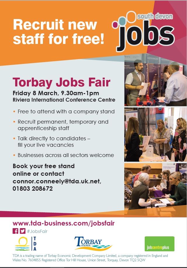 #Torbay employers who are actively recruiting can book a free stand at Torbay's Jobs Fair, Friday 8 March during #NAW2019 Due to the success of the #JobsFair it is now taking place @RivieraCentre to host more businesses and candidates. Sign up today: bit.ly/2RGjatt