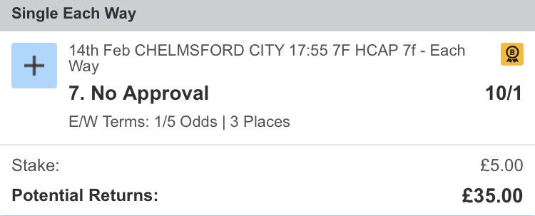 Small ew on No Approval at Chelmsford tonight. Good luck to everyone having a go today, let’s find some winners!!! 🍀🐎 <a href="/ChelmsfordCRC/">Chelmsford City Racecourse</a> <a href="/FontwellPark/">Fontwell Park</a> <a href="/KelsoRacecourse/">Kelso Racecourse</a> <a href="/LeicesterRaces/">Leicester Racecourse</a>   #backsomewinners #betpragmatic #bettingtips