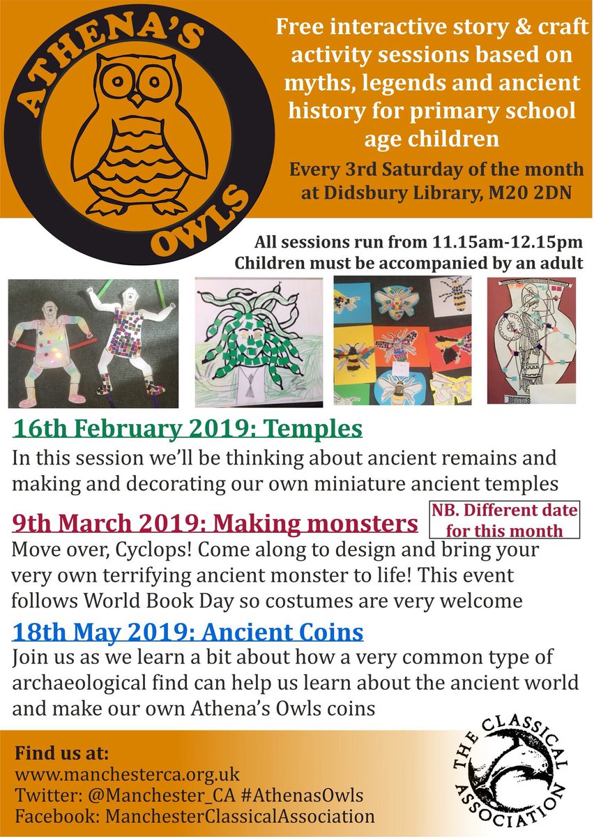 Why not bring your young ‘uns to @MancLibraries #Didsbury on Saturday? FREE Ancient temples making with @Manchester_CA #publicclassics #AthenasOwls supported by our own @AprilPudsey Run by @UoMCAHAE graduate students @katmawford & @Matt_Mcr_CfA of @UoMCAHAE /@HistoryManMet