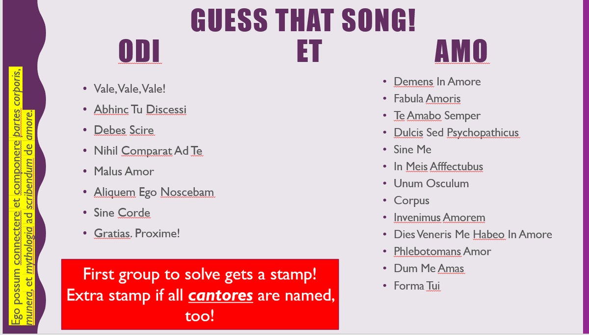 FioFerox's tweet photo. Today in #Latin 8 @TeamRidgely we are using #Catullus85 to weave our objective together with #ValentinesDay. Forgive my song title (mis-)translations, #Latinteach peeps. Do I get extra points for incorporating "phlebotomans"? #odietamo @OWLteamBCPS #ci #makeitcompelling https://t.co/JcXBG1sU6u