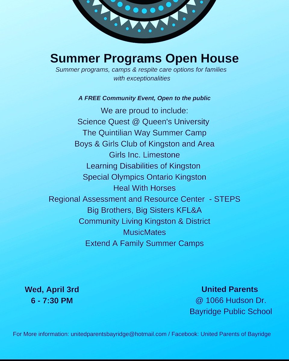 UPunitedparents's tweet photo. Bring on Summer! We are hosting a "Summer Programs" Open House on Wed, Apr 3rd! We have 12 community agencies that provide camps, programs and respite care for your kids with exceptionalities.
#summerinkingston
#ygkkingston #inclusion #communityevent https://t.co/BaBTajQJdi