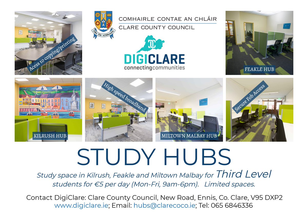 ClareCoCo's tweet photo. @ClareCoCo, under its DigiClare initiative, is inviting Third Level students to avail of study space in our Digital Hubs in Feakle, Miltown Malbay and Kilrush for just €5 per day
Visit https://t.co/30heOkP7iS; Email: hubs@clarecoco.ie; Tel: 065 6846336
#CCCeducation https://t.co/9vu8dImMoH
