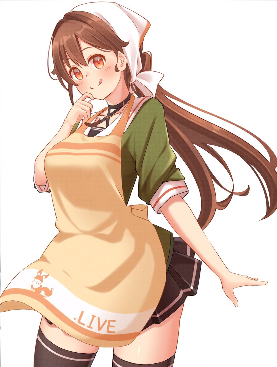 1girl solo apron thighhighs skirt brown hair long hair  illustration images