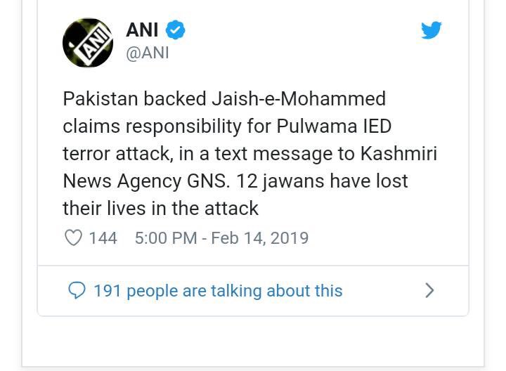 #Pulwama Major attack in Pulwama!  Pakistan backed Jaish-e-Mohammed claims responsibility for Pulwama IED terror attack! It should be declared #NationalMourning 
We are wirh the families of Shaheed Jawans! ॐ शांति:!