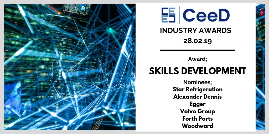 For the Skills Development Award, we have @StarRefrig, @ADLbus, @EGGER_UK, #VolvoGroup, @forthports & @woodward_inc - all nominees for the @CeeD_Scotland Industry Awards! Have fun on the night. #CeeDAwards19
