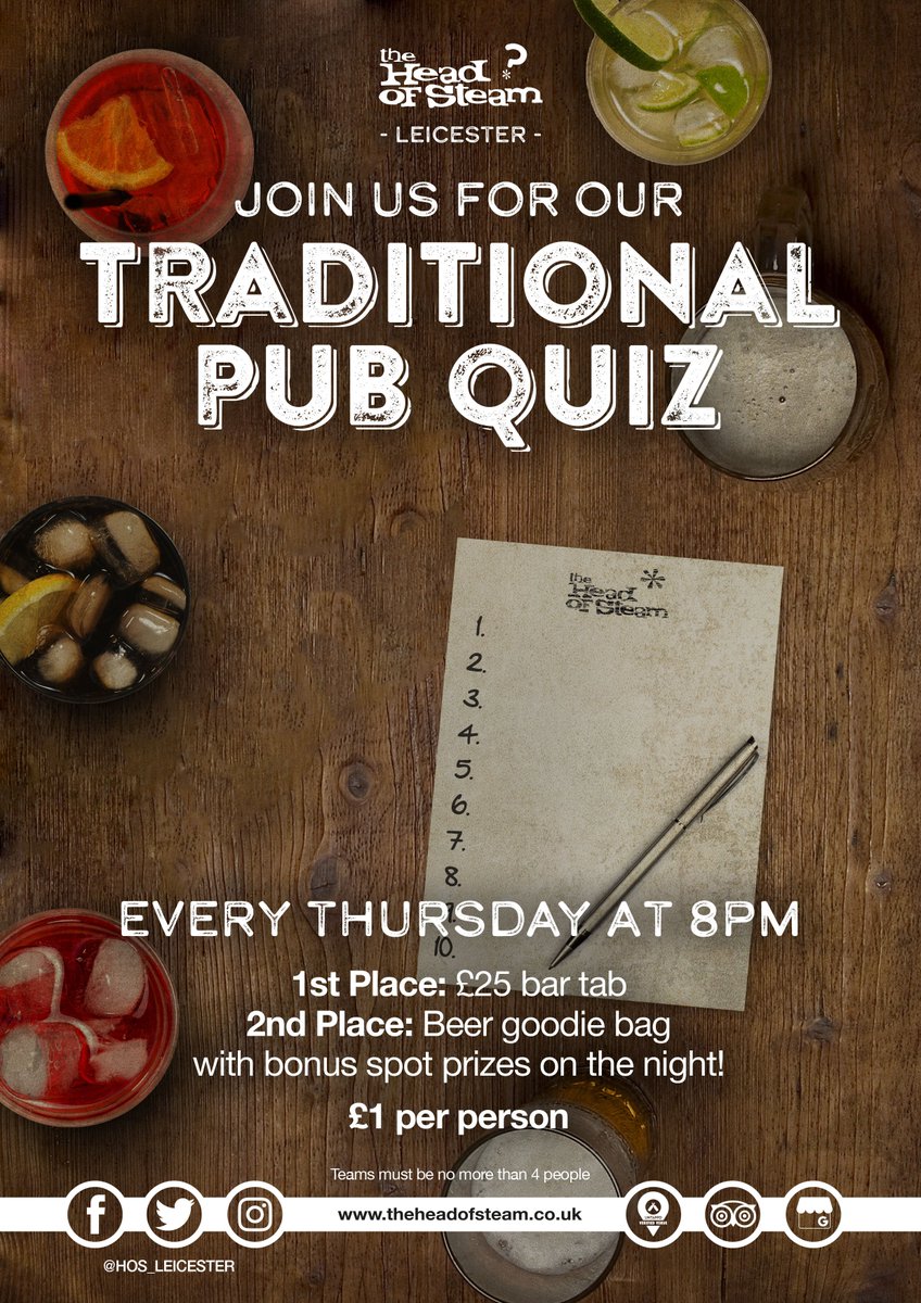 Who's been to one of our quiz nights yet? It's time to put your thinking caps on✏️🗒️

Ask a member of #TeamSteam for more information!

#HeadofSteam #Quiz