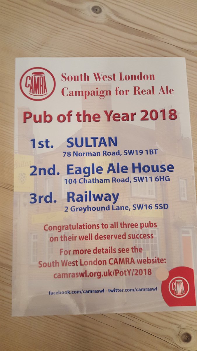 We are very pleased to announce that we have been voted CAMRA SW London Pub of the Year 2018!
Congrats to all of our staff and customers who make The Sultan what it is.