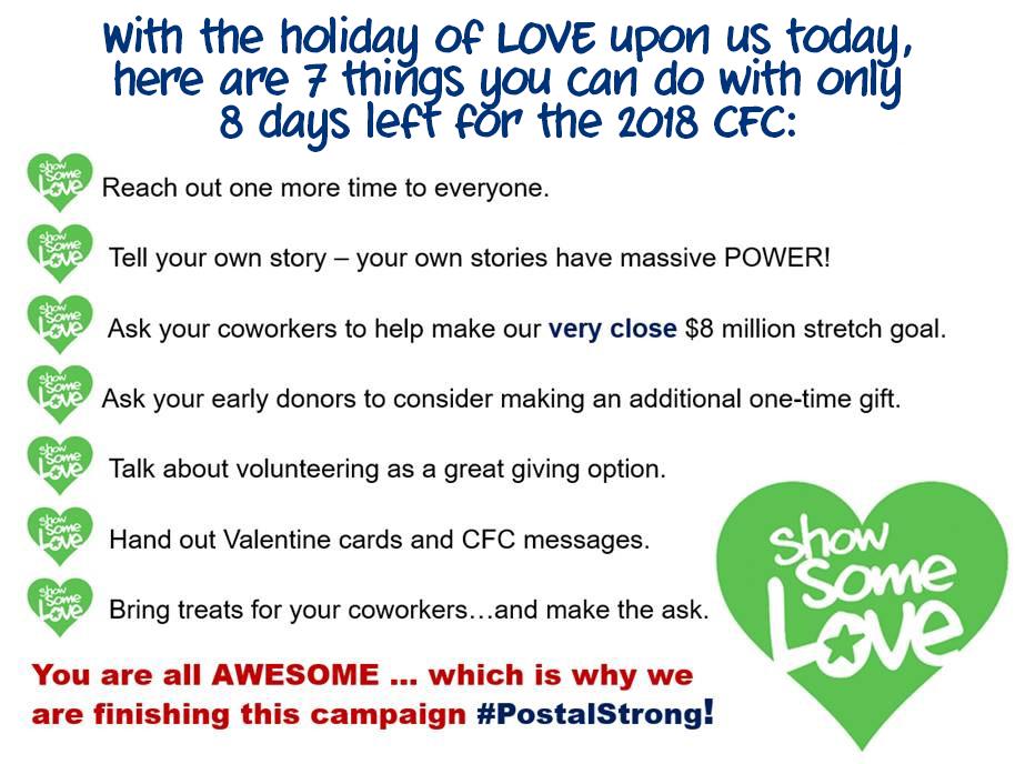 #ShowSomeLoveCFC on #ValentinesDay! Check out the awesome @USPS messaging. Let's finish #PostalStrong for the 2018 #CFC!