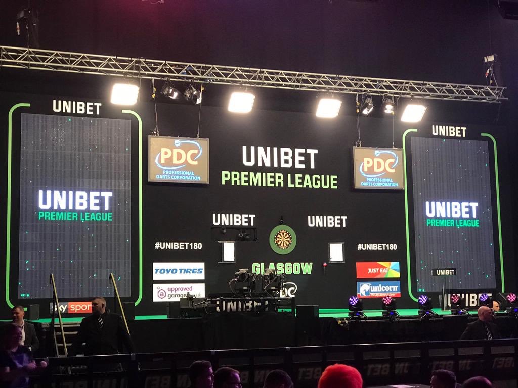 Hello from Glasgow. Premier League night. Playing World Champion Michael Van Gerwen in the last game. Thanks to all my fans and sponsors.