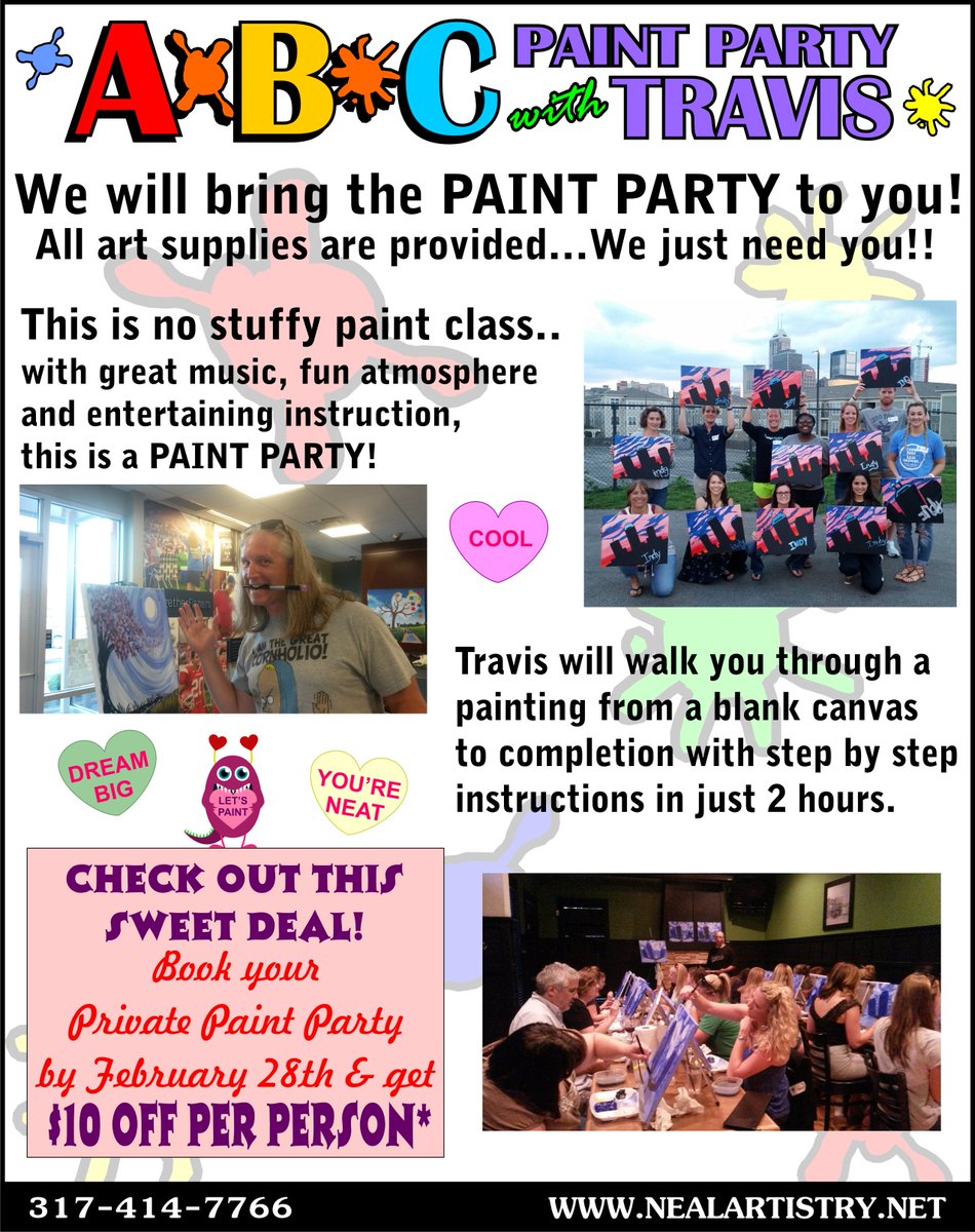 ArtistryTravis's tweet photo. 💝HAPPY VALENTINE'S DAY💌 Check out this SWEET DEAL.. Book your PRIVATE PAINT PARTY by Feb 28th for any date in 2019 &amp; receive $10 OFF PER PERSON🎨🎉#abcpaintparty #indy #ValentinesDay  https://t.co/aq0nq2IagP https://t.co/0FPv9aNtSU