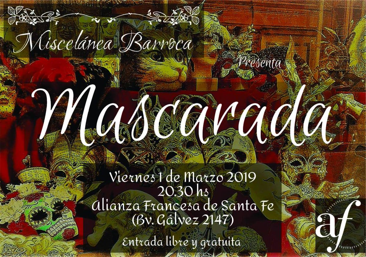 barrioculturasf's tweet photo. 'Mascarada', concierto barroco en la Alianza Francesa #Mascarada #MisceláneaBarroca #AlianzaFrancesadeSantaFe https://t.co/28upz85PzS https://t.co/e2IyXFoNcB