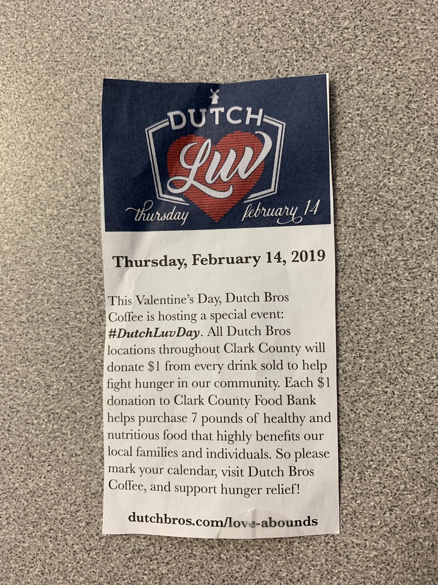 Lisa (@lisaeducate) on Twitter photo Hey.   Inspire others to help!  Go <a href="/DutchBros/">Dutch Bros Coffee</a>    Every drink = $1. For the Clark County food bank. Hey.   Inspire others to help!  Go <a href="/DutchBros/">Dutch Bros Coffee</a>    Every drink = $1. For the Clark County food bank.