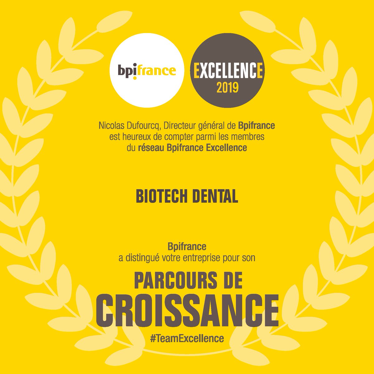 En cette nouvelle année 2019, nous sommes fiers de voir à nouveau @BiotechDental faire partie de la #TeamExcellence 🎉 @bpifrance pour son parcours de croissance ! 😀 💪