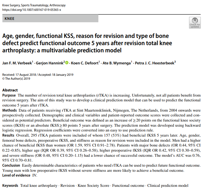 movingresearch's tweet photo. Our ortho-colleagues wrote an interesting paper on predicting which factors contribute to functional outcome 5 years after revision total knee arthroplasty @KneeSurgSportsTraumatolAthrosc #revisiontotalknee #arthroplasty #functionaloutcome https://t.co/qxqfnCYkEm https://t.co/jWSMeNkoNa