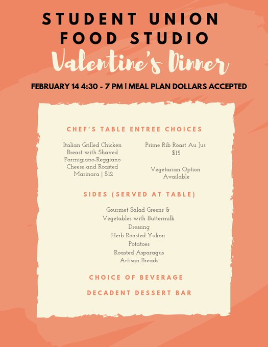 RT @UISUnion: Don’t forget about our Valentine’s Day dinner tonight in the food studio! Bring someone you love and celebrate today. https:/…