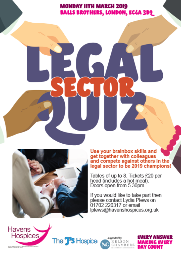 Calling #Barristers #Solicitors #Clerks #Legalsecretaries #Paralegals. Sign up to @HavensHospices #Legal #Quiz #London on 11 March @BallsBrothers Shoe Lane. The cost is £20pp and inc food. To sign up email lplews@havenshospices.org.uk. Thank you to our sponsor @NelsonChambers_