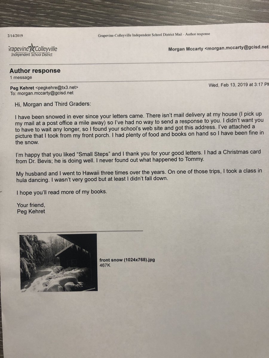 MissMMcCarty's tweet image. We mailed letters to our favorite author, Peg Kehret and she responded!!! Best day EVER!! #teambce #gcisdhumanities