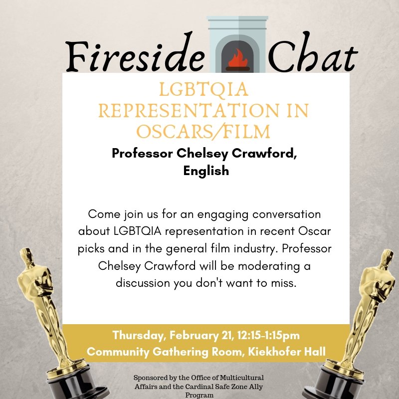 NCSafeZone's tweet photo. This week! Come join us for a great fireside chat led by Dr. Chelsey Crawford, English. Dr. Crawford will be leading us through a discussion about LGBTQIA representation in recent #Oscar picks and film. https://t.co/6a8RCzzk53