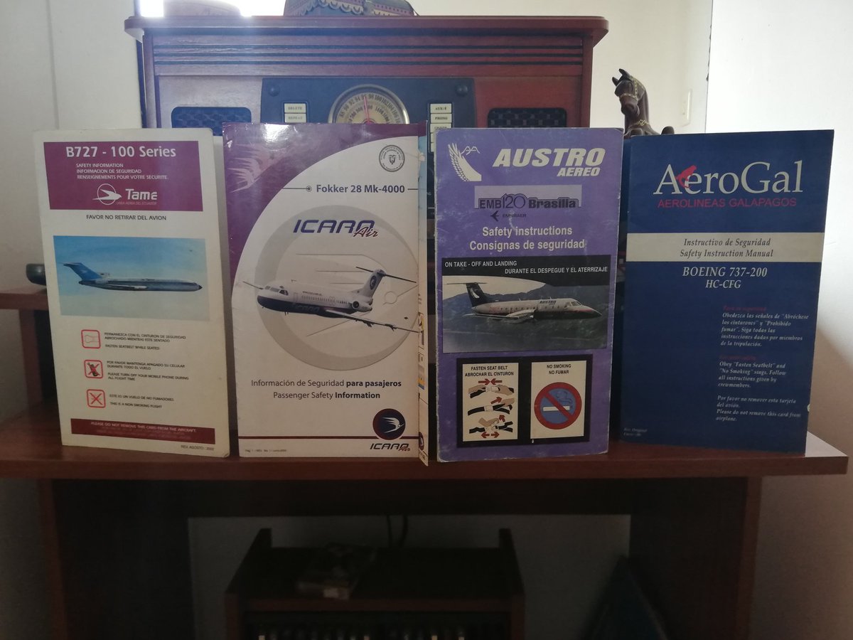 johnalbertoap's tweet photo. Esto si es un verdadero #Throwback, Solo queda #Tame, #safetycards: Boeing 727-100 de @Tame_EP, Fokker 28MK400 de #Icaro, Embraer 120 Brasilia de #AustroAereo y el Chanchito 737-200 de Aerogal
#AviacionEcuador #Embraer120, #Boeing727100, #Fokker28MK4000
#Boeing737200 https://t.co/AZ3m2EFeuV