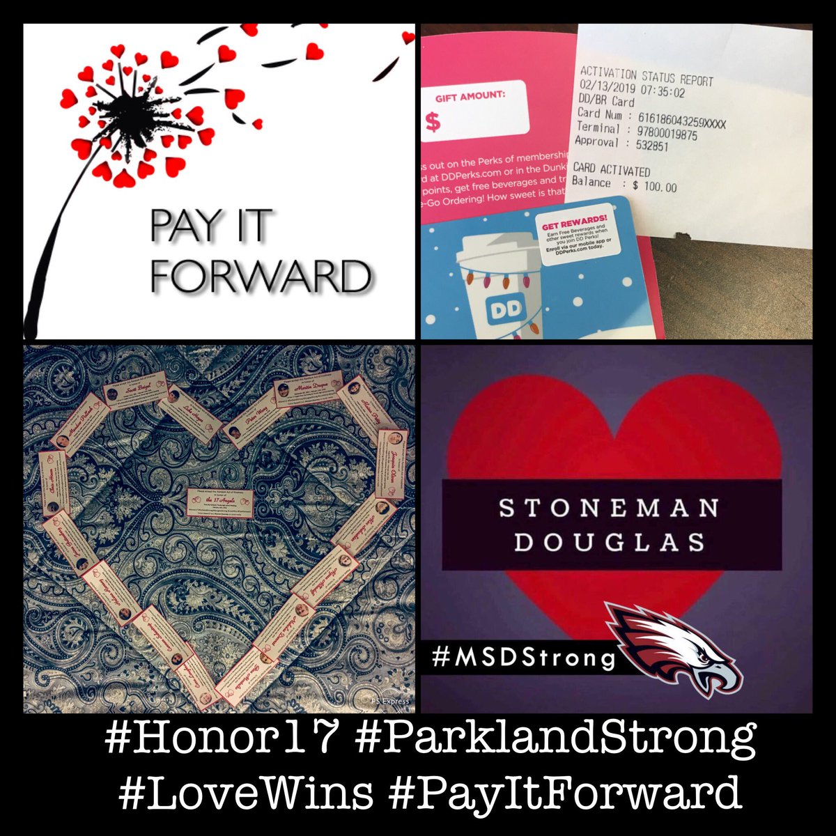 CountryForaCaus's tweet photo. Spreading kindness this Valentines Day in honor of the 17 Angels that were taken 1 year ago today in Parkland, FL. This morning I purchased a $100 Dunkin gift card and left 17 RAOK Cards with the cashier to buy the next 17 people that come in their breakfast. #Honor17 #BeTheGood https://t.co/0guYg4WaQn