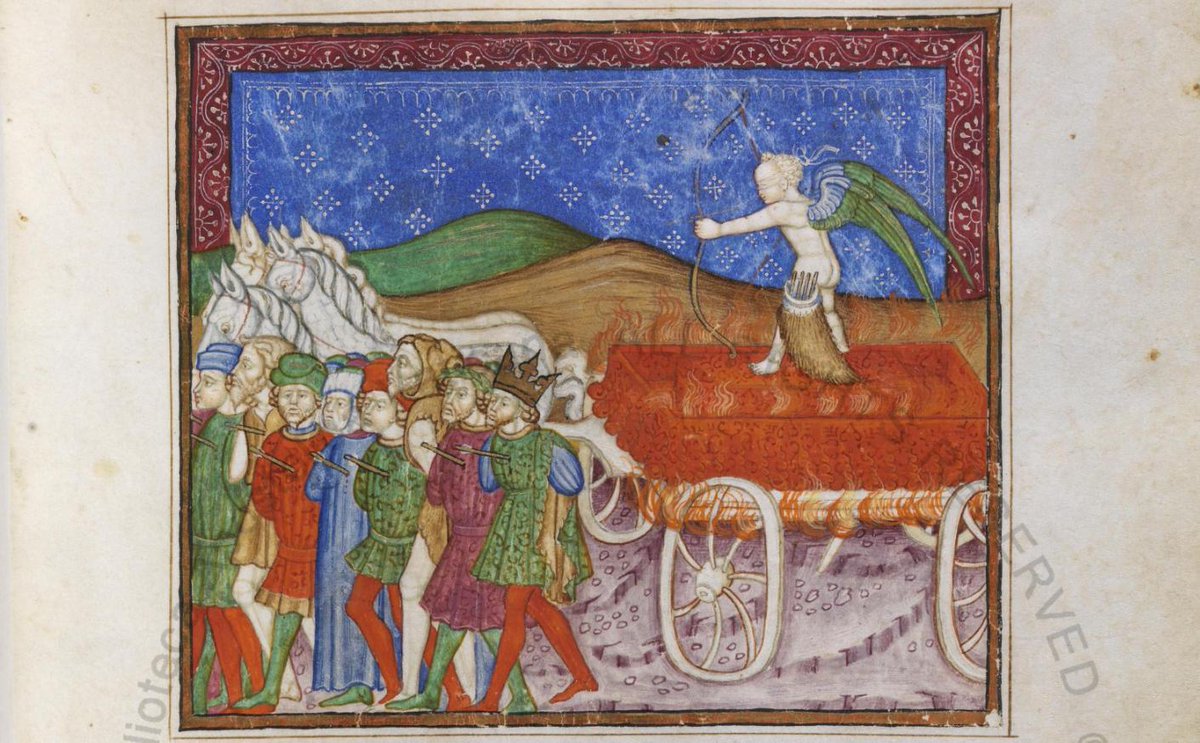 "There sat the cruel boy; a threatening yew
His right hand bore, his quiver arrows held,
Against whose force no helm or shield prevail’d.
Two party-colour’d wings his shoulders ware;
All naked else;" Petrarch, Triumph of Love, Barb. lat. 3943 #ValentineDay #HappyValentinesDay2019