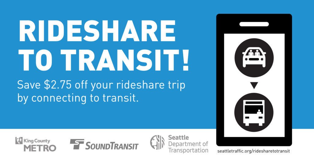seattledot's tweet photo. Planning on taking rideshare to downtown Seattle? Get dropped off at a qualifying light rail or transit station instead & save $2.75 on your ride – enough to cover your fare for the rest of the trip.#SeattleSqueeze #Realign99 #Rideshare2Transit https://t.co/7GovFfk19u https://t.co/aYpQIoYnor