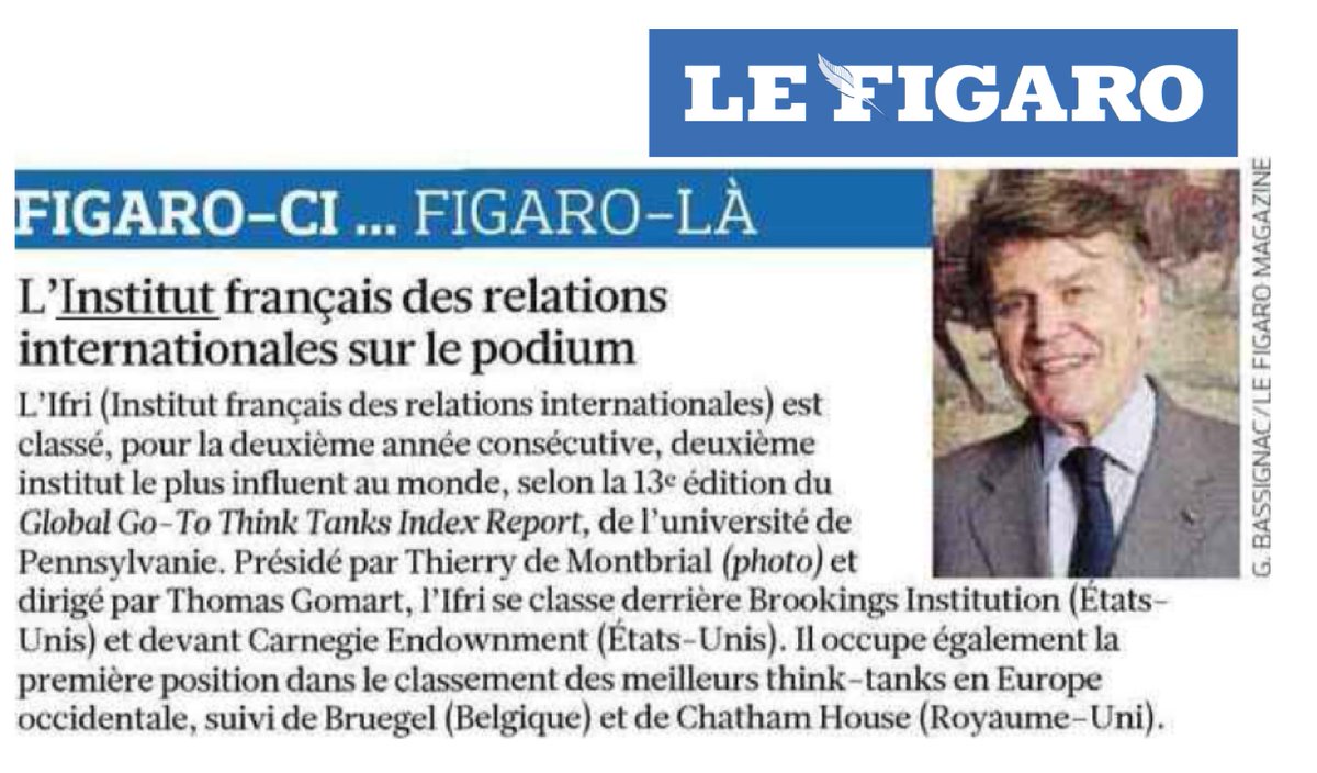 IFRI_'s tweet image. [ 📰 La presse en parle]

En 2019, l’@IFRI_, présidé par son fondateur, Thierry de Montbrial, classé de nouveau 2e #ThinkTank le plus influent au monde et 1er en #Europe ➡️ ifri.org/fr/espace-medi… #ThinkTanksMatter