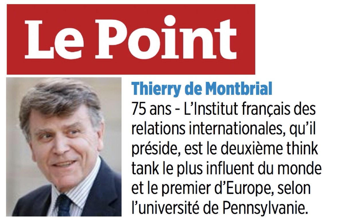 IFRI_'s tweet image. [ 📰 La presse en parle]

En 2019, l’@IFRI_, présidé par son fondateur, Thierry de Montbrial, classé de nouveau 2e #ThinkTank le plus influent au monde et 1er en #Europe ➡️ ifri.org/fr/espace-medi… #ThinkTanksMatter
