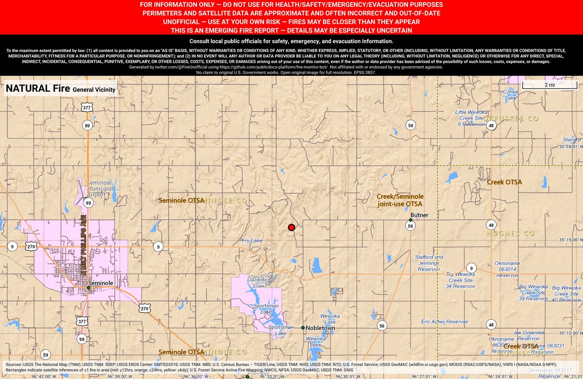 SWFireBot's tweet image. #NaturalFire 🔥 discovered Feb 13, 2019, 9:45 PM UTC - unofficial report.
#SeminoleCounty Wewoka Agency; ~6mi ENE of Seminole, OK. ~56mi ESE of Oklahoma City, OK. See officials for safety info. May be incorrect; disclaimers in images.