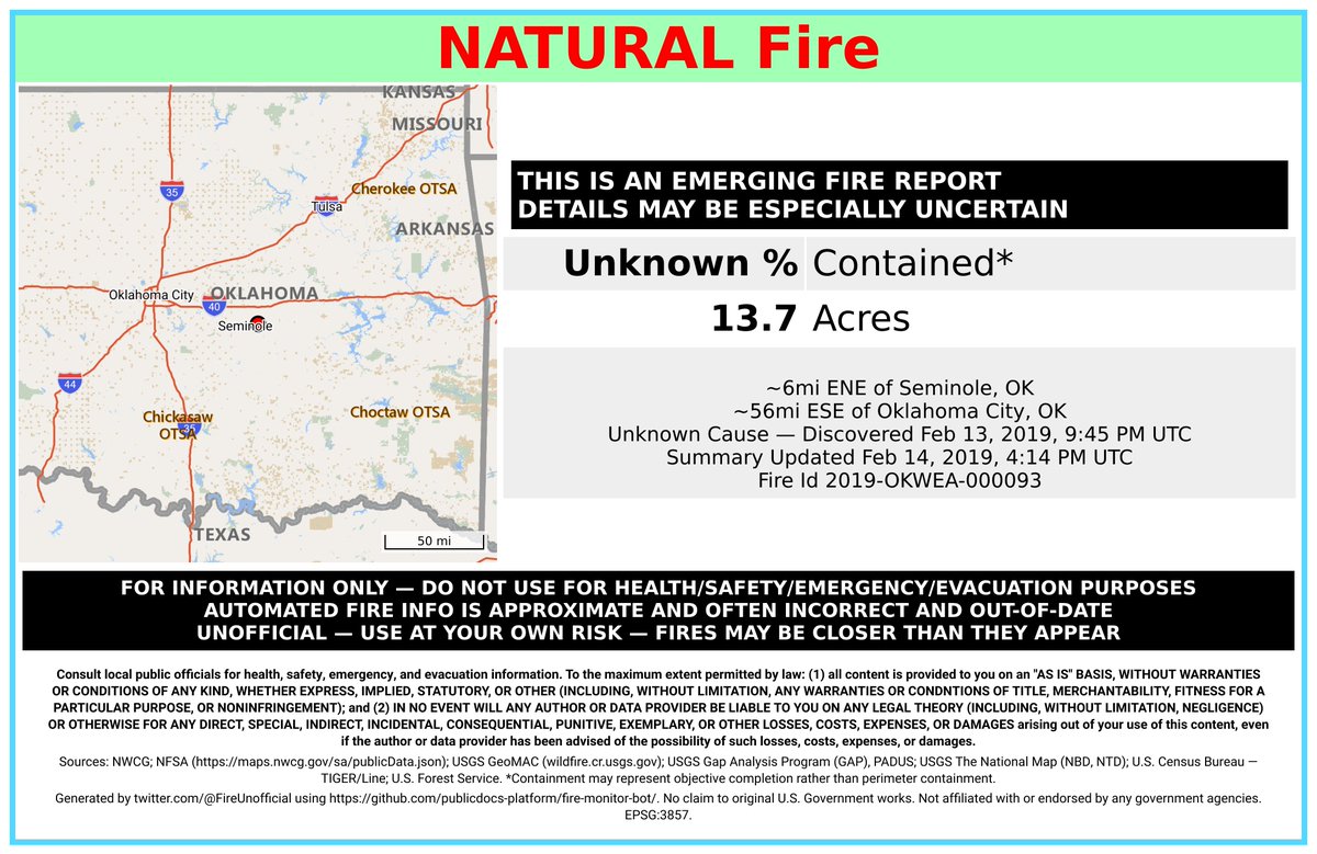 SWFireBot's tweet image. #NaturalFire 🔥 discovered Feb 13, 2019, 9:45 PM UTC - unofficial report.
#SeminoleCounty Wewoka Agency; ~6mi ENE of Seminole, OK. ~56mi ESE of Oklahoma City, OK. See officials for safety info. May be incorrect; disclaimers in images.