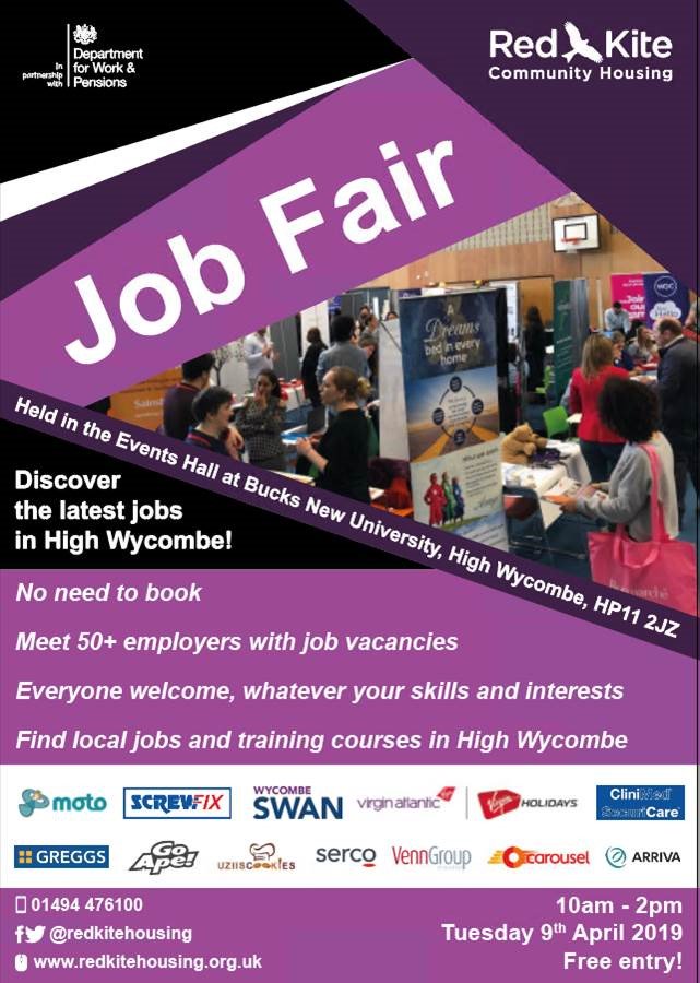 JOB &amp; CAREERS FAIR High Wycombe 
09th April 2019 @ 10am - 2pm
at Bucks New University

Already over 65 employers CONFIRMED Attendance

#RKjobfair #highwycombejobfair #DWP #RedKite