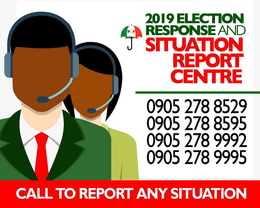 OfficialPDPNig's tweet photo. #NigeraDecides2019 #TheAtikuPlan Situation Report and Response Centers: Our members and teeming supporters nationwide can reach us on the numbers below ,👇 to report any situation in their voting locations. Standby for more contacts. Your vote is your power. Vote @atiku/@PeterObi https://t.co/Wh7SMAt3BO