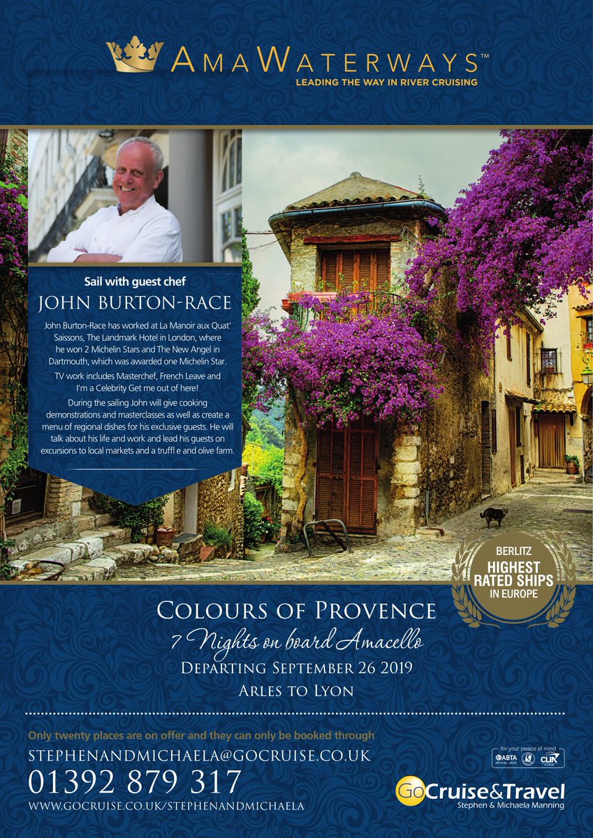 Excited to join @amawaterways on their luxry river #cruise up the #Rhône in Septemeber -holding Q+A's, cooking demos, &amp; touring local markets/farms with an exclusive group of guests. Sound good? Book via #GoCruise - stephenandmichaela@gocruise.co.uk/01392 879317. #JohnBurtonRace