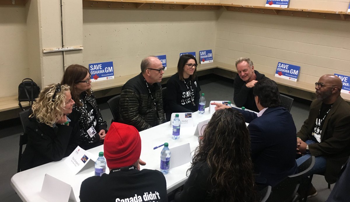 UniforTheUnion's tweet photo. Members affected by @GM’s threat to close the Oshawa plant are meeting with @OfficialSting before #TheLastShipto solidarity performance today. #SaveOshawaGM #Unifor https://t.co/cqFlKZQ4pi
