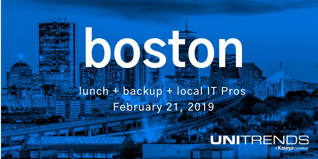 Unitrends's tweet image. Calling all #Boston IT Pros: enjoy lunch on #Unitrends while discussing how to better protect your #data on 2/21. Learn more &amp;gt; bit.ly/2GxkVaw