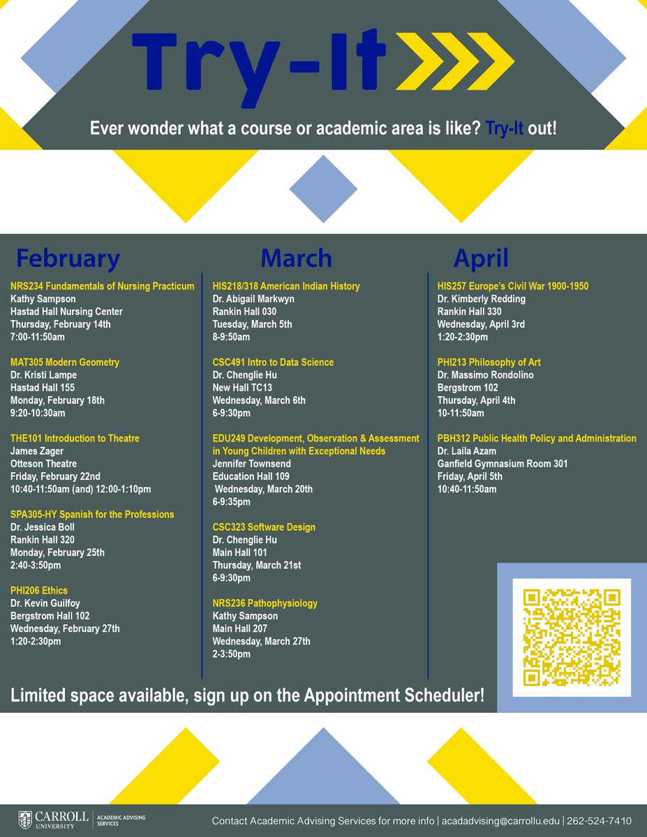 We are doing something different this semester!  Check out the list of courses that you can go Try-It with this semester!  #carrollu #CUExplore #FuturePio #PioSoc <a href="/CarrollU_OIE/">Carroll U OIE</a> @CarrollULibrary <a href="/CU_Advising/">CU AdvisingCenter</a>