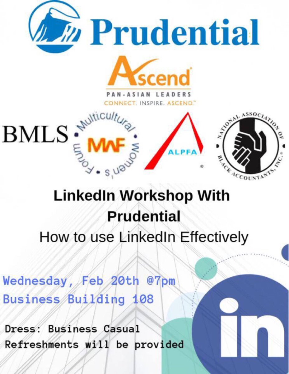 ALPFAPennState's tweet image. Hello ALPFAmilia! Just wanted to give everyone a heads up for our upcoming networking event with Prudential next week. We will be learning how to use LinkedIn effectively and make the most out of it.