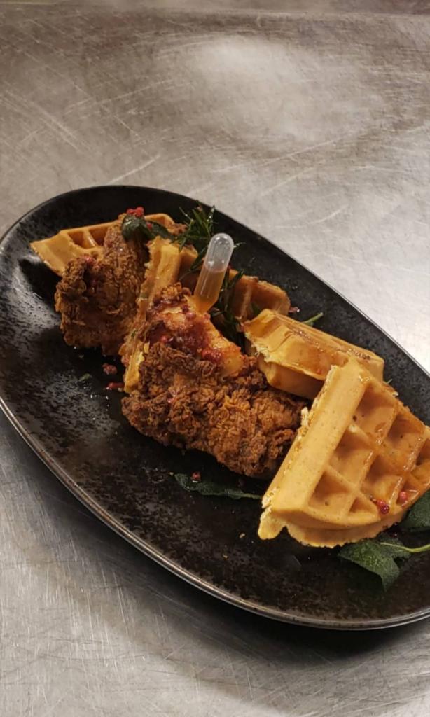 Our next Chef's Special will be available for the next three days only at TusCA! #buttermilk #friedchicken, #rosemary #sage #waffle, with #pinkpeppercorn #maplesyrup