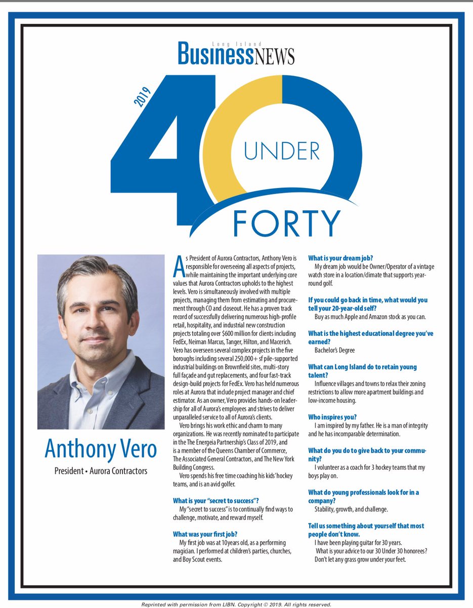 AuroraContract1's tweet photo. We would like to congratulate Anthony Vero who was named โ40 Under 40โ by the LIBN. This prestigious award is given out every year to the 40 brightest leaders to recognize & celebrate their business accomplishments and professional expertise. @LIBN #libn40under40 https://t.co/k64yPb6p6y