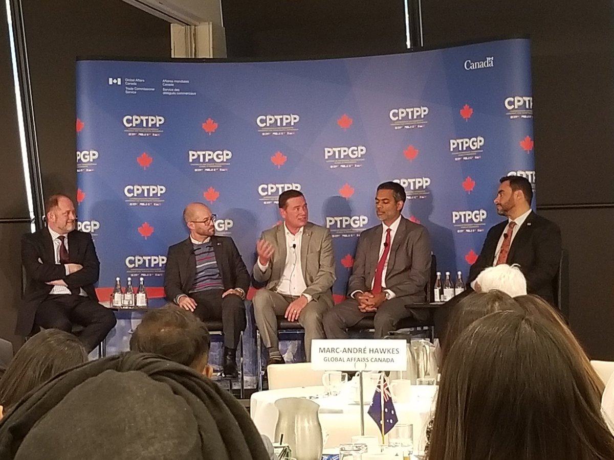 JohnZimCda's tweet photo. Panel of @TCS_SDC colleagues telling the audience at @TorontoRBOT about how to leverage #CPTPP to expand exports.  #TimeToDiversify Thanks @Diplo_MAH @Tokyo_DB https://t.co/C6NpXJNvc8