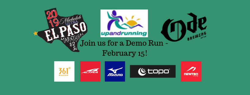 upandrunningep's tweet photo. 5, 4, 3, 2, 1 join us for a HUGE demo run! Tomorrow, Friday, February 15th at 6 pm at our Westside store! - https://t.co/Yo0uofbz3s
#361 #altrarunning #mizuno #newtonrunning #topoathletics #demorun @elpasomarathon #upandrunningwest @odebrewing https://t.co/SarSdn62Mm