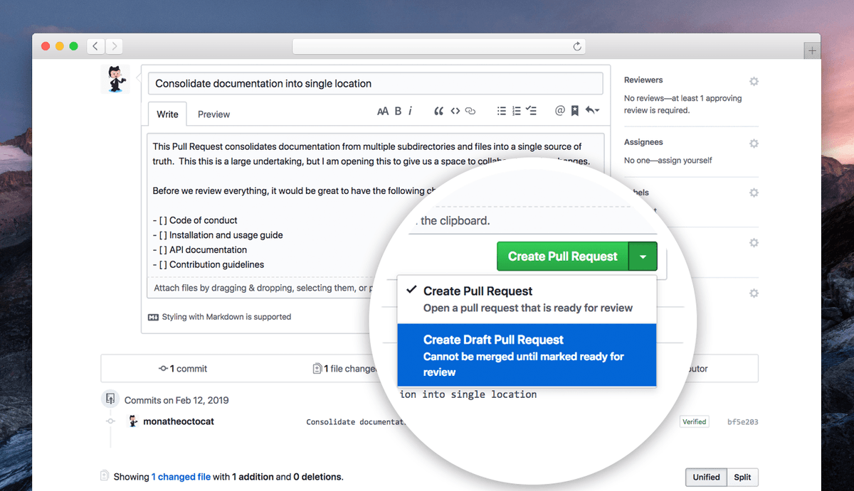 natfriedman's tweet image. Today we're introducing Draft pull requests – tag your work-in-progress PRs as Draft to signal to your teammates that you're not ready to merge them yet.
github.blog/2019-02-14-int…