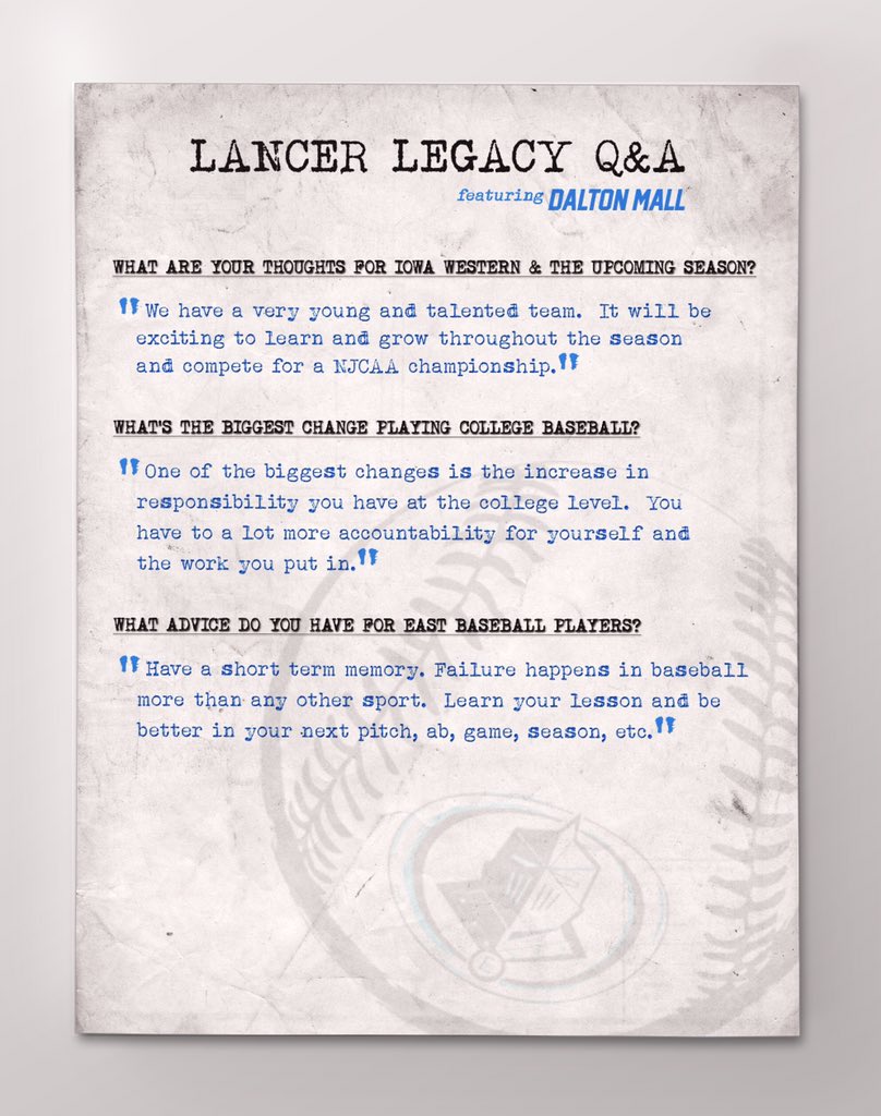 SMEbaseball (@smebaseball) on Twitter photo This week’s Lancer Legacy Series spotlights Dalton Mall, Class of 2018, RHP at Iowa Western. Good luck this season <a href="/_Dalton_Mall_/">Dalton Mall</a> ! This week’s Lancer Legacy Series spotlights Dalton Mall, Class of 2018, RHP at Iowa Western. Good luck this season <a href="/_Dalton_Mall_/">Dalton Mall</a> !