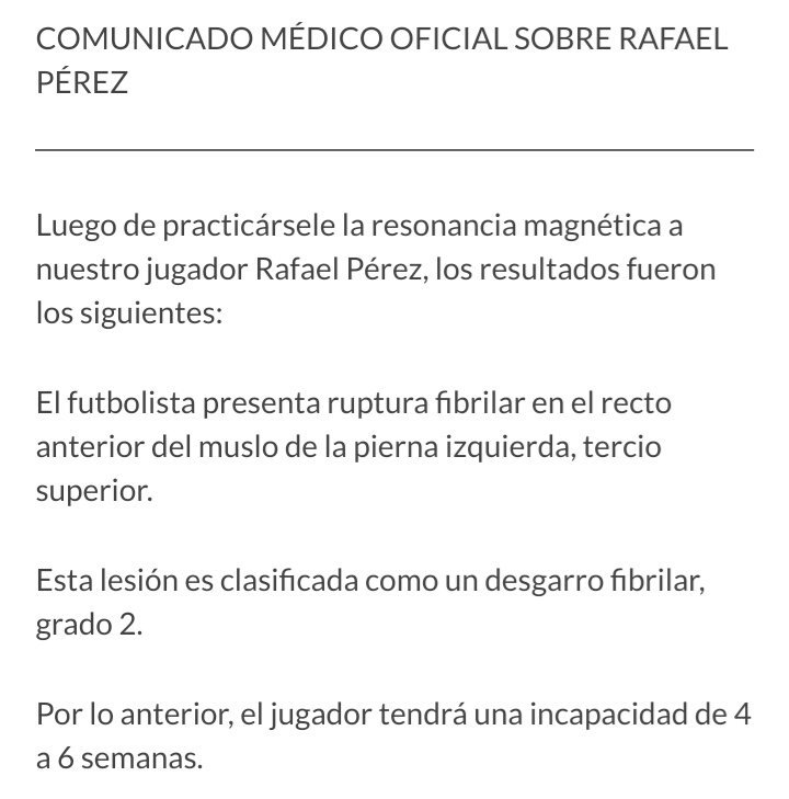LaTitularcom's tweet photo. #JuniorLT

¡OFICIAL!

Este es el parte médico oficial de Rafa Pérez tras realizarse le la resonancia magnética:

La recuperación podría tardarse hasta 6 semanas. https://t.co/A21kVSIc1n