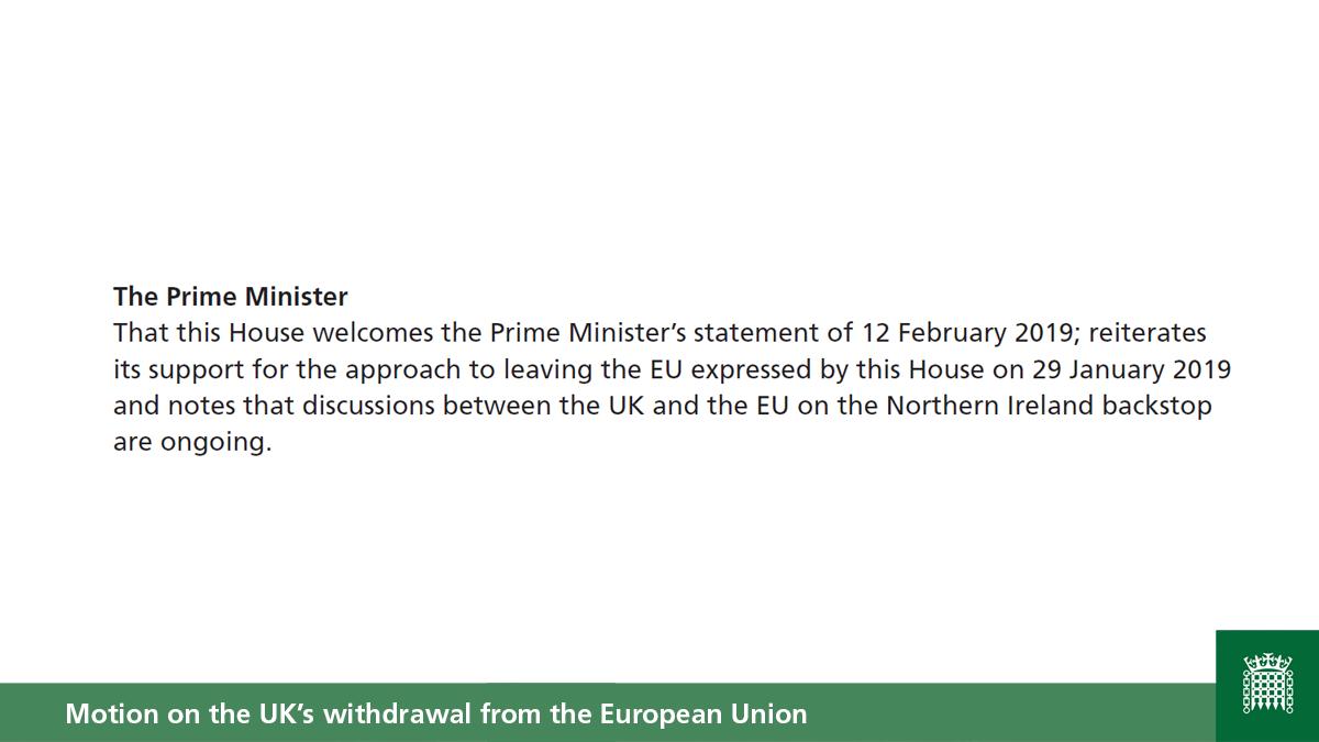 translatorbali's tweet image. PM May defeated over #Brexitstrategy
The text of the motion, in the name of PM @theresa_may, that the Government was defeated on. #nobrexit  No divorce paper @MoazzamTMalik It’s time she agreed to withdraw Article 50 and gave the public the final say.