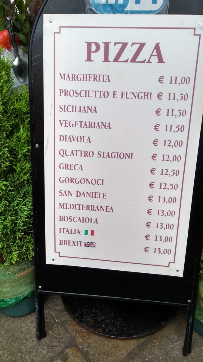 The world is laughing at us, not with us. Venice. When I asked the waiter what was on the brexit pizza, he said "we promise it comes with everything but it actually comes with nothing and its also expensive and very hard to digest".... Genius!
#facciamoeuropa #fbpe #brexit